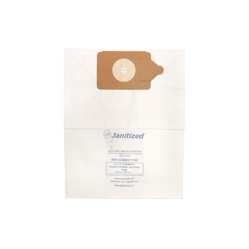 Janitized JAN-NVM2B-2(10) Premium Replacement Commercial Vacuum Paper Bag for Nacecare and Numatic Charles/George, 300 Series, NVQS Vacuum Cleaners, OEM#604102 (Case of 100)