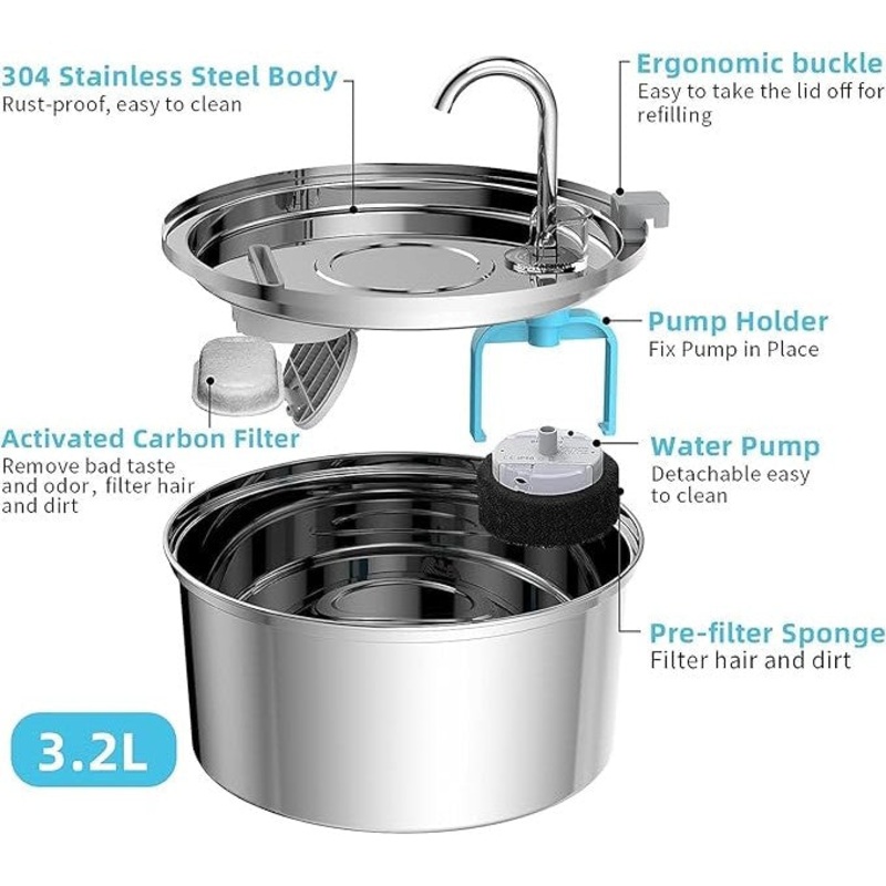 Stainless Steel Pet Water Fountain 3L 23x13cm