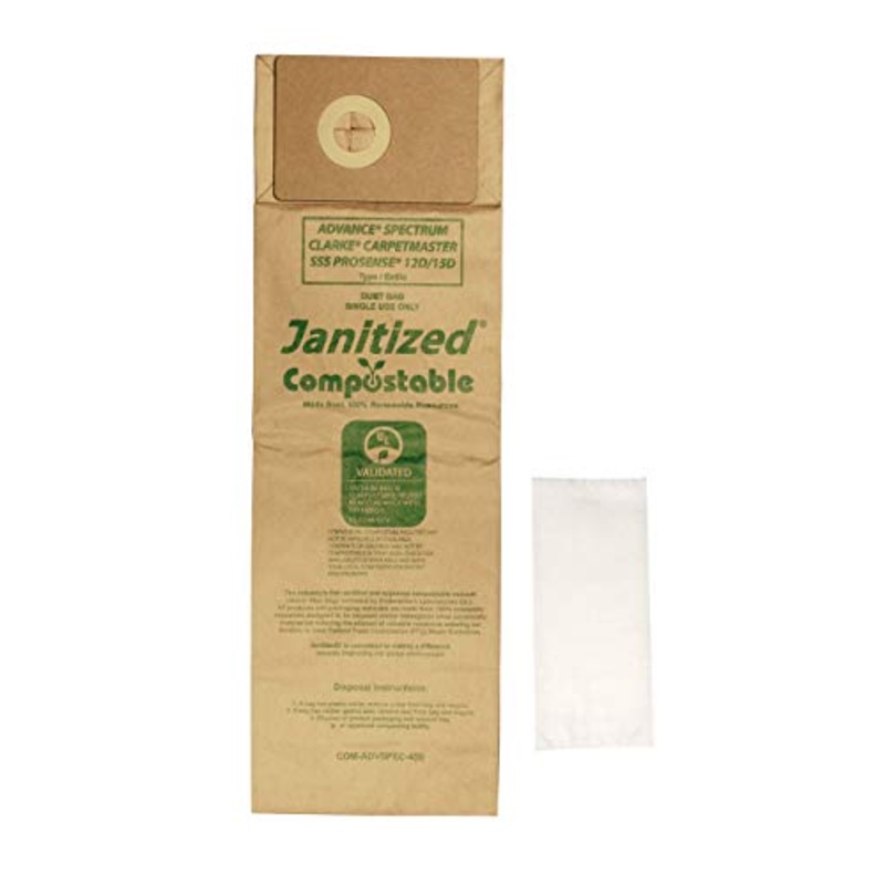 Janitized COM-ADVSPEC-4(5) Compostable Paper Premium Replacement Commercial Vacuum Bag for Advance Spectrum, Clarke CarpetMaster, SSS Prosense Vacuum Cleaners Includes 2 pre-Filters (Pack of 5)