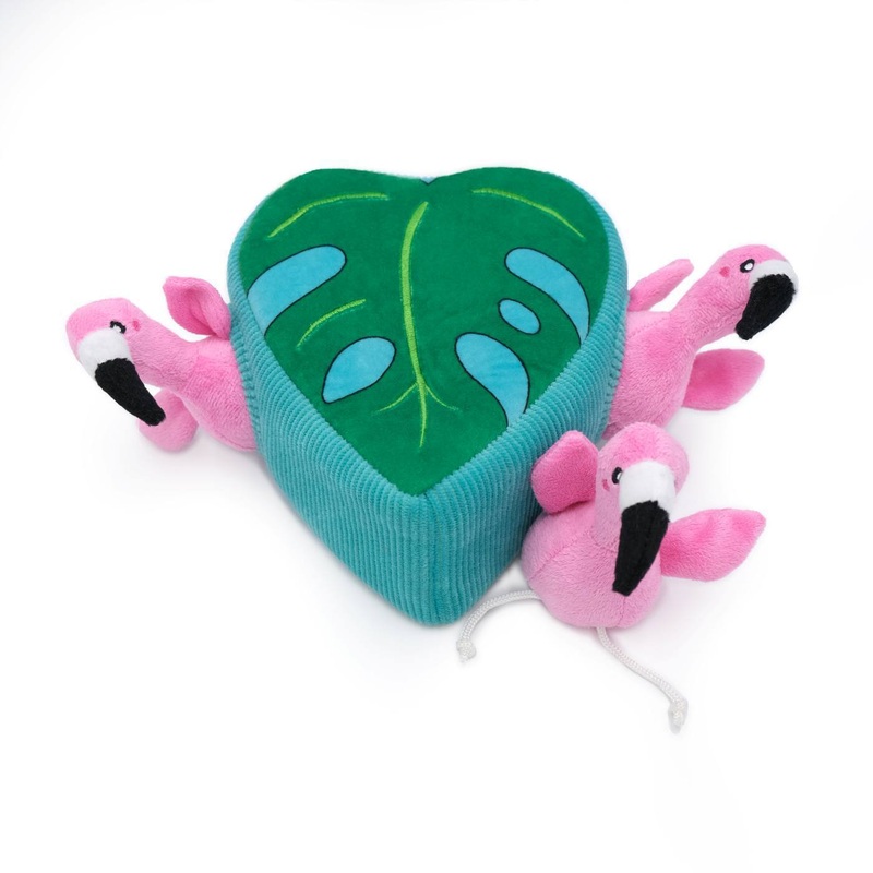 Zippy Paws – Zippy Burrows Burrow Interactive Dog Toy 3 Flamingos in Monstera Leaf