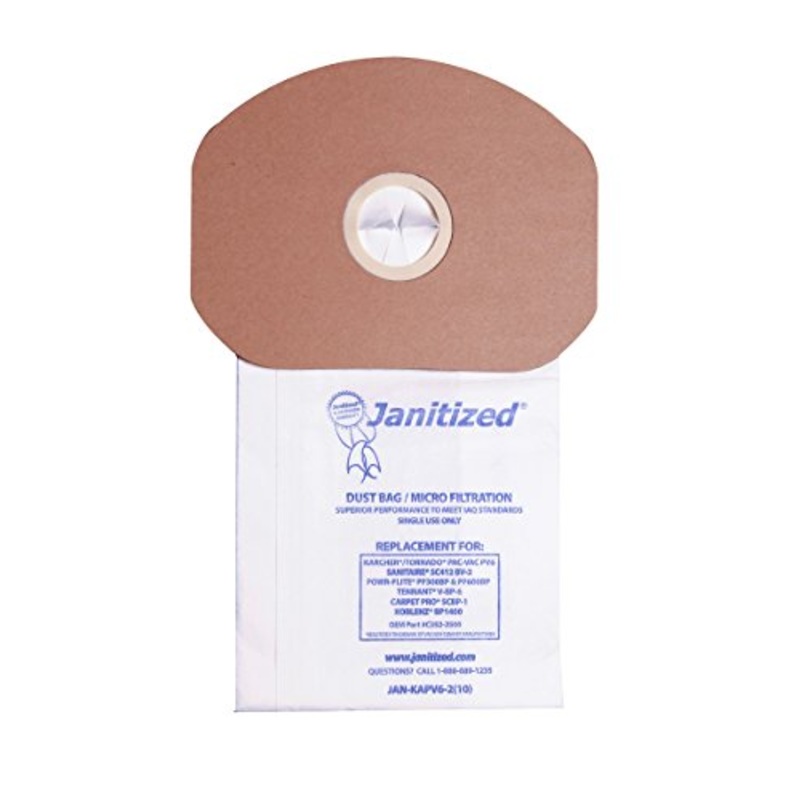 Janitized JAN-KAPV6-2(10)  Vacuum Paper Bag, Sanitaire SC412, KarcherTornado PV6, Cleanmax CMBP-6, Tennant V-BP-6, Power-Flite PF300/600BP, OEM#CMBP-10, C352-2500 (Pack of 10)