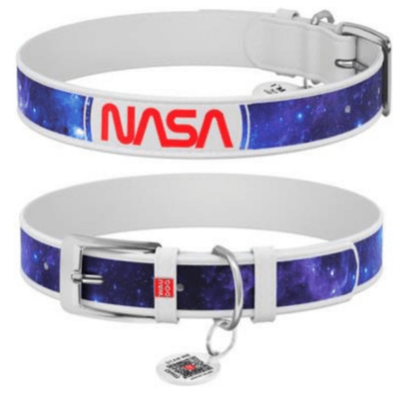 Waudog Design Genuine Leather Collar with QR Passport NASA21 White