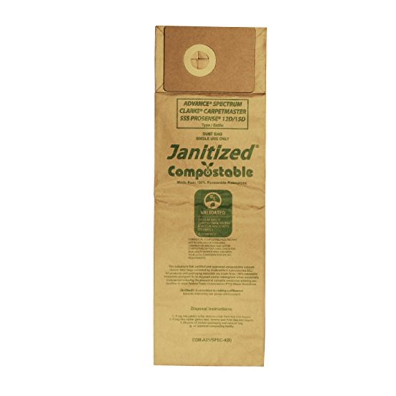 Janitized COM-ADVSPEC-4(5) Compostable Replacement Commercial Vacuum Paper Bag for Advance Spectrum, Clarke CarpetMaster, SSS Prosense Vacuum Cleaners (Pack of 50)