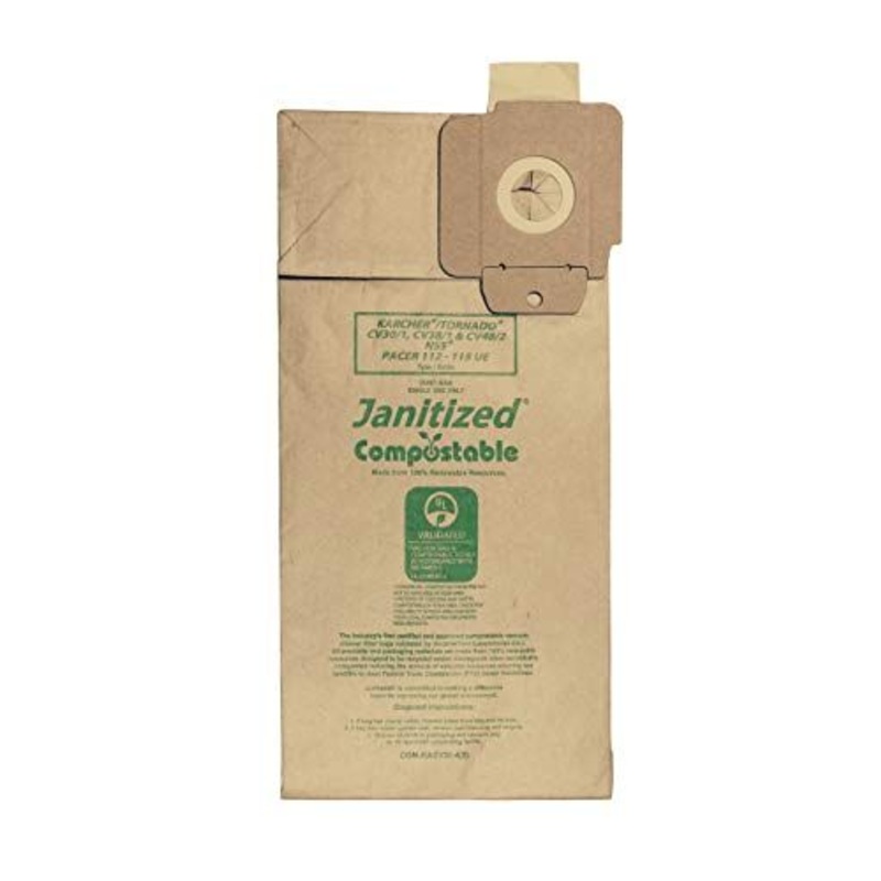 Janitized COM-KACV30-4(5) Compostable Paper Premium Replacement Commercial Vacuum Bag for Karcher/Tornado CV30/1 and CV38/1 & NSS Pacer 112 & 115 UE vacuums (Pack of 5)