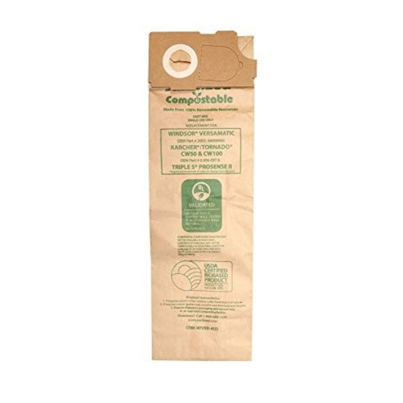 Janitized COM-Wiver-4(5) Compostable Paper Premium Replacement Commercial Vacuum Bag for Windsor Versamatic, Karcher/Tornado Models: CW50 & CW100, Triple S Prosense II Vacuums (Pack of 5)